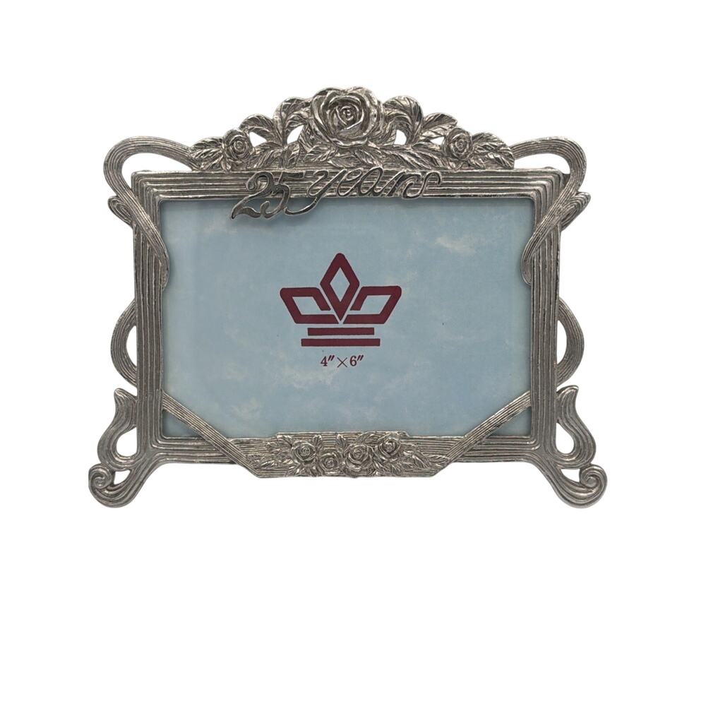 25th Anniversary Picture Frame Extra Fine Pewter 4x6” Ornate Silver Art Deco